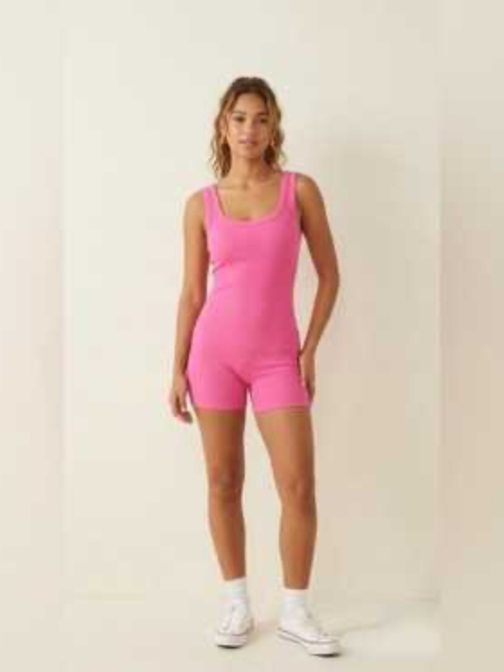 SKIMS Cotton Rib Onesie Romper Hot Pink - Bubble Gum Pink - Size Small EUC